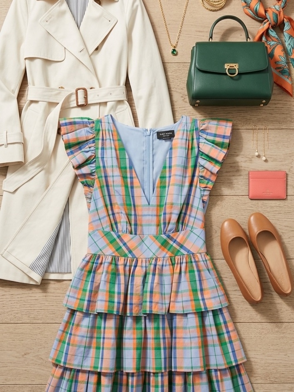 Kate Spade Pastel Plaid Tiered Ruffle Dress in Blue, Peach, Green Size 4 - Picture 5 of 13